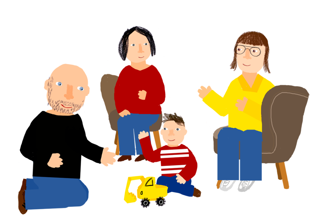die Illustration zeigt eine beispielhafte Beratungssituation in der Praxis für Kleinkindtherapie zu Trauma und Angst. Wir helfen bei Erziehungsproblemen.